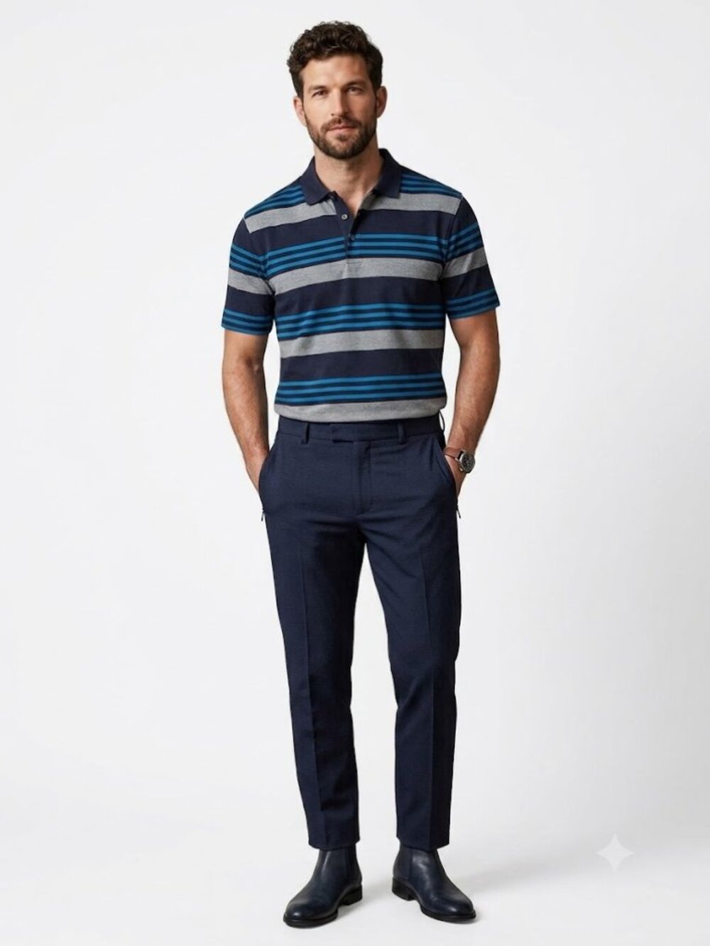 Calvin Klein Menโs Striped Golf Polo Shirt Blue Gray Cotton 2โButton Large